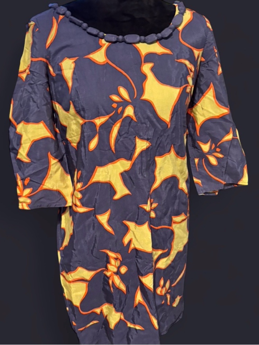 LOFT Navy Dress with Yellow and Orange Floral Motif
